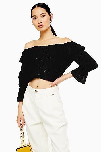 Topshop Tall Black Broderie Bardot Blouse
