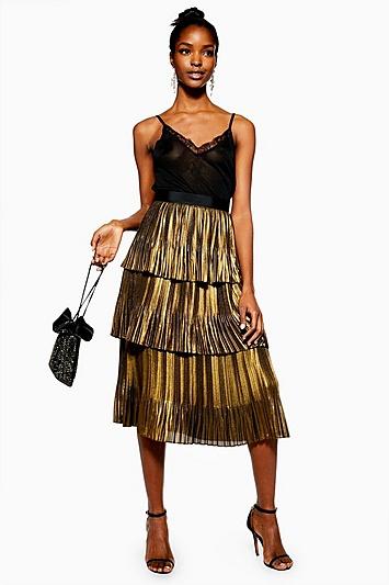 Topshop Gold Metallic Tiered Midi Skirt