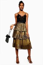 Topshop Gold Metallic Tiered Midi Skirt