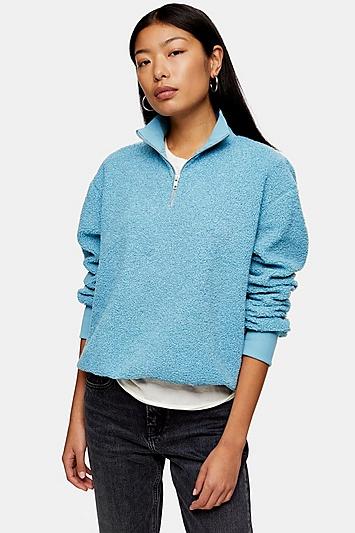 Topshop Blue Curly Zip Up Funnel Neck Sweatshirt