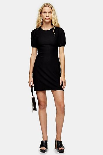 Topshop Black Crinkle Puff Sleeve Mini Dress