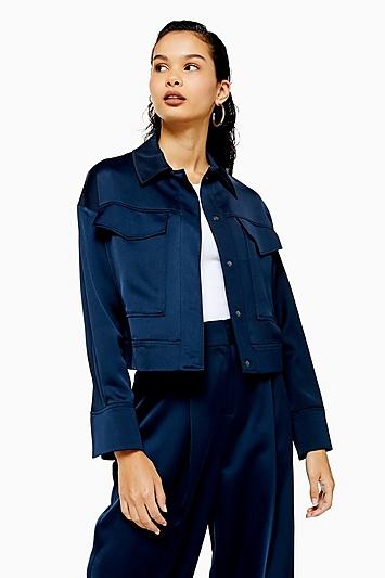 Topshop Navy Cropped Satin Utility Jacket