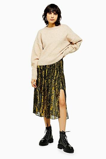 Topshop Idol Ochre Warped Print Pleat Midi Skirt