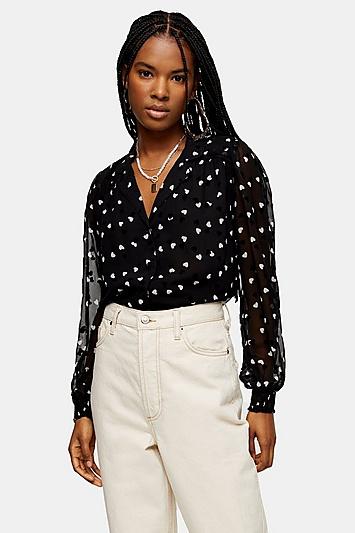 Topshop Black And White Heart Flocked Shirt