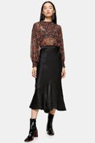 Topshop Black Satin Flounce Midi Skirt