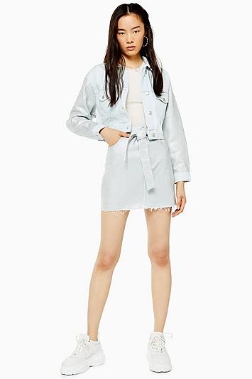 Topshop Pinstud Bleach Denim Belted Mini Skirt