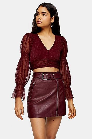 Topshop Burgundy Plisse Tie Back Top