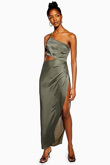 Khaki Satin Super Split Dress By We Own The Night