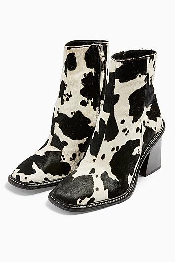 Topshop Hugh Leather Black And White Cow Print Boots