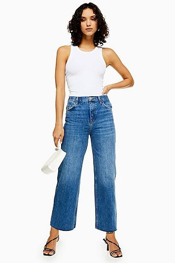 Topshop Mid Blue Raw Hem Crop Jeans