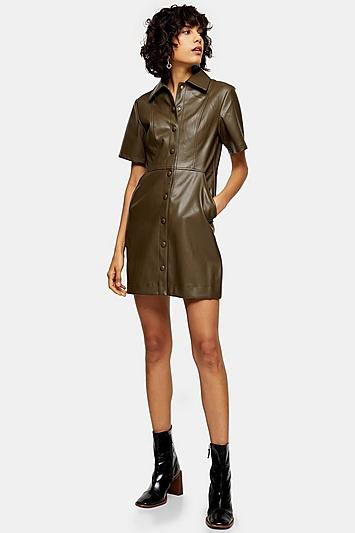 Topshop Khaki Faux Leather Pu Shirt Dress