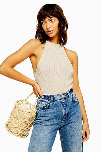 Topshop Knitted Racer Tank With Linen