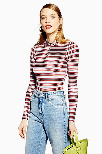 Topshop Long Sleeve Stripe Zip Polo Top