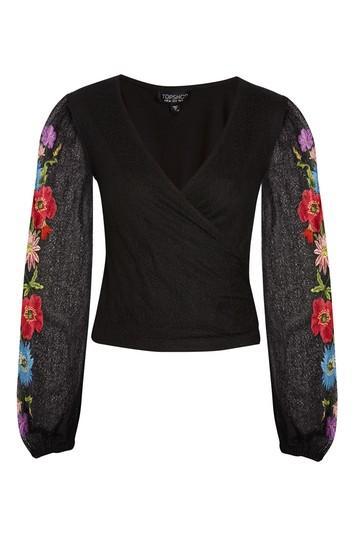 Topshop Floral Embroidered Long Sleeve Crop Top