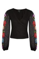 Topshop Floral Embroidered Long Sleeve Crop Top