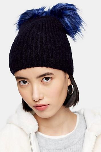 Topshop Navy Faux Fur Pom Beanie