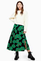 Topshop Green And Black Floral Pleated Midi Skirt