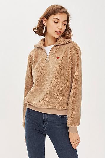 Topshop Heart Embroidered Zip Funnel Sweatshirt