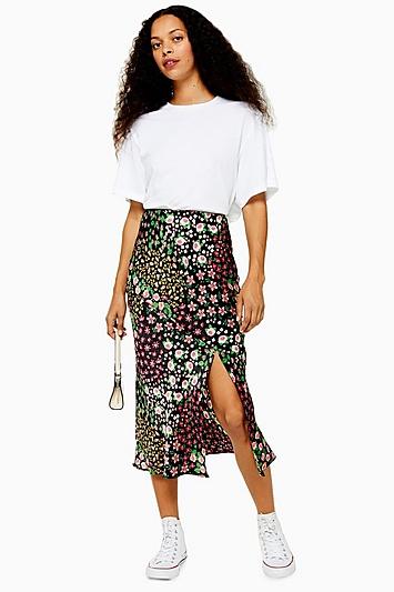 Topshop Petite San Diego Black Patchwork Floral Bias Skirt