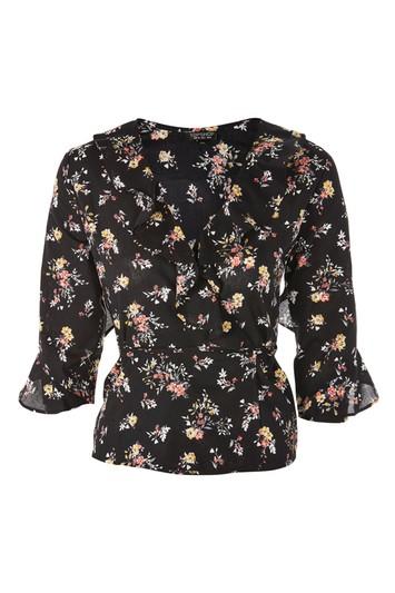 Topshop Flower Print Ruffle Wrap Top
