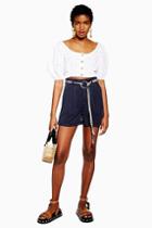 Topshop Navy Belted Lyocell Shorts