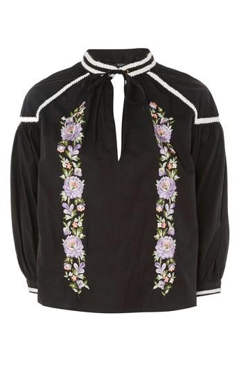 Topshop Embroidered Poplin Tie Neck Top
