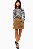 Topshop Khaki Clip Buckle Denim Mini Skirt