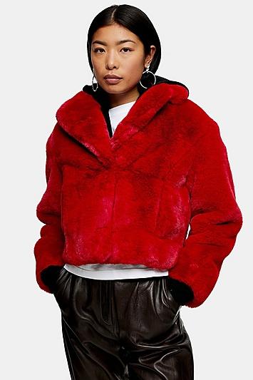 Topshop Red Cropped Faux Fur Coat