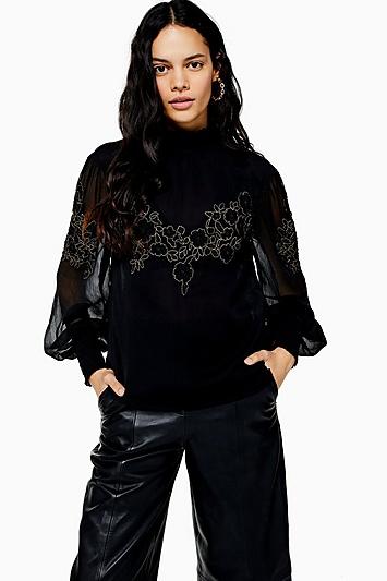 Topshop High Neck Sheer Broderie Blouse