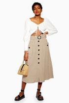 Topshop Belted Button Midi Skirt With Linen