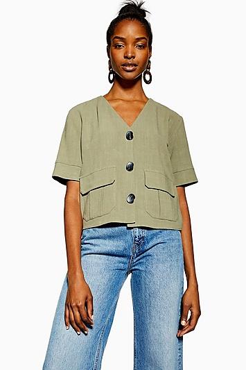 Topshop Khaki Button Down Top With Linen