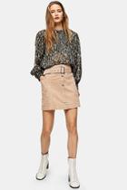 Topshop Ecru Corduroy Button Down Belted Mini Skirt