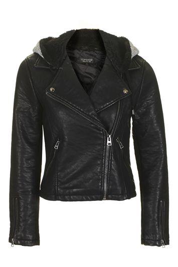 Topshop Hooded Faux Leather Biker Jacket