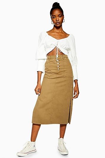 Topshop Khaki Midi Denim Skirt