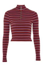 Topshop Striped Zip Funnel Neck Long Sleeve Crop T-shirt