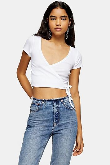 Topshop White Ballet Ribbed Wrap Top