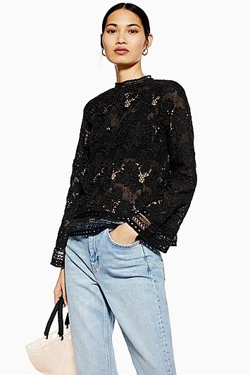 Topshop Lace Floral Long Sleeve Top