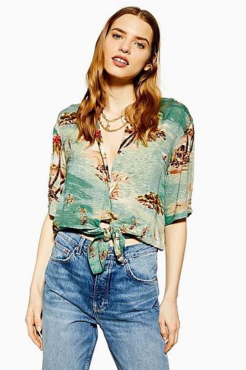 Topshop Surf Print Knot Front Shirt