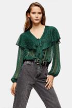Topshop Green Animal Frill Tie Front Blouse