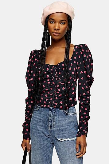 Topshop Floral Ruched Bust Prairie Top