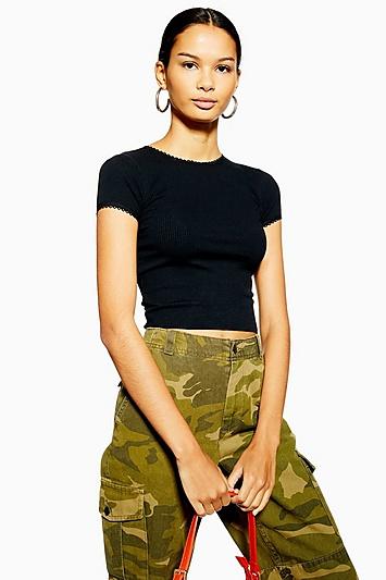 Topshop Petite Black Picot Trim T-shirt