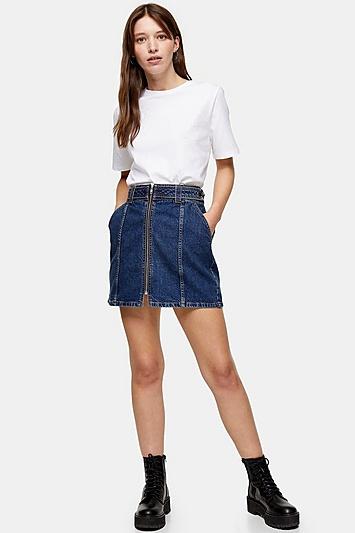 Topshop Considered Mid Blue Denim Skirt With Front Zip With Recycled Cotton
