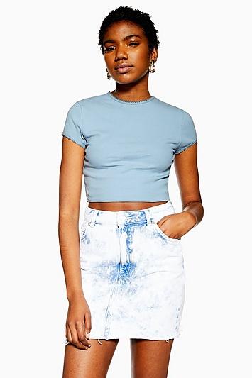 Topshop Petite Blue Picot Trim T-shirt