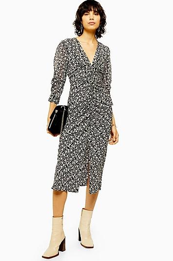 Topshop Tall Idol Mix Fabric V Neck Ruched Midi Dress