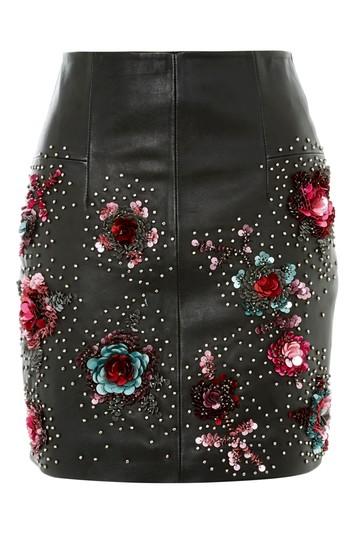Topshop Stud Floral Leather Mini Skirt
