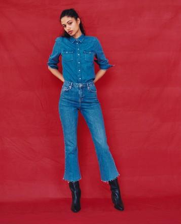 Topshop Moto Mid Blue Dree Cropped Kick Flare Jeans