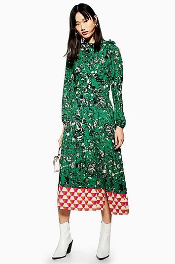 Topshop Geo Border Tie Neck Dress