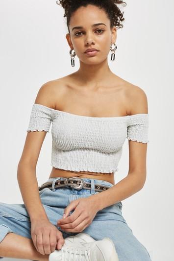 Topshop Petite Luxe Shirred Bardot Top