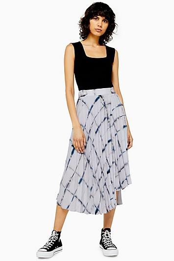Topshop Ivory Grid Tie Dye Print Pleat Midi Skirt