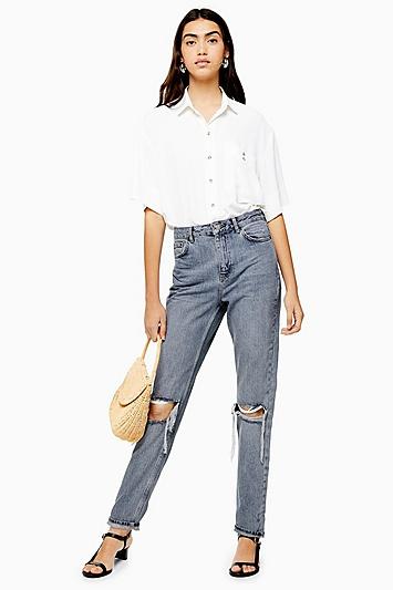 Topshop Grey Cast Double Rip Mom Jeans